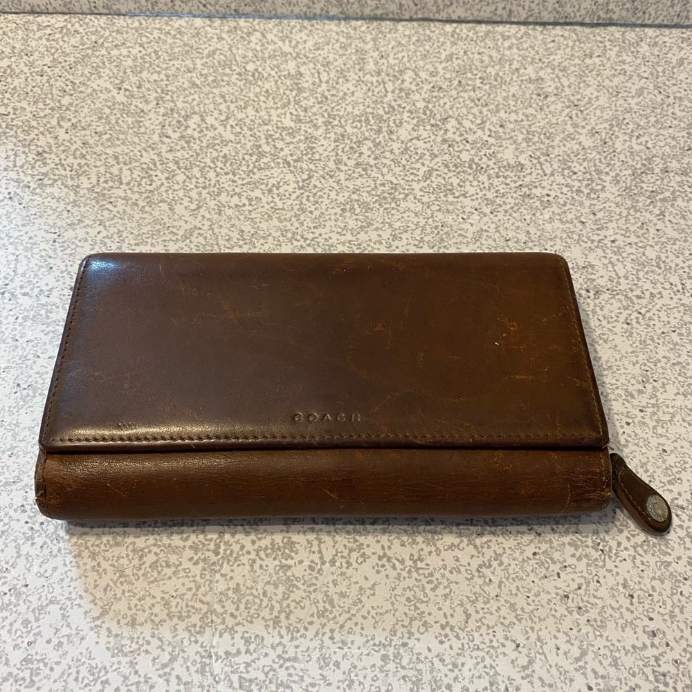 Vintage Coach brown leather wallet button flap